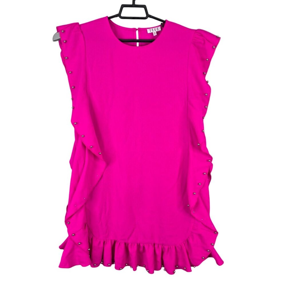Womens TCEC Pink Sleeveless Ruffle Beaded Shift Dress Back Button Polyester M